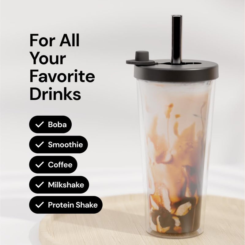 Dodoko Reusable Boba Cup and Straw Boba Tea Cup Bubble Tea Cup Reusable Iced Coffee Cup Cold Coffee Cup Smoothie Cup with Lid and Straw Smoothie Cup to go Smoothie Tumbler 17 oz - Night Black - Image 5